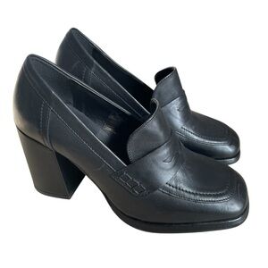 CAFèNOIR Leather Heeled Loafer Black Size 37 Modern Office Goth Menswear Preppy